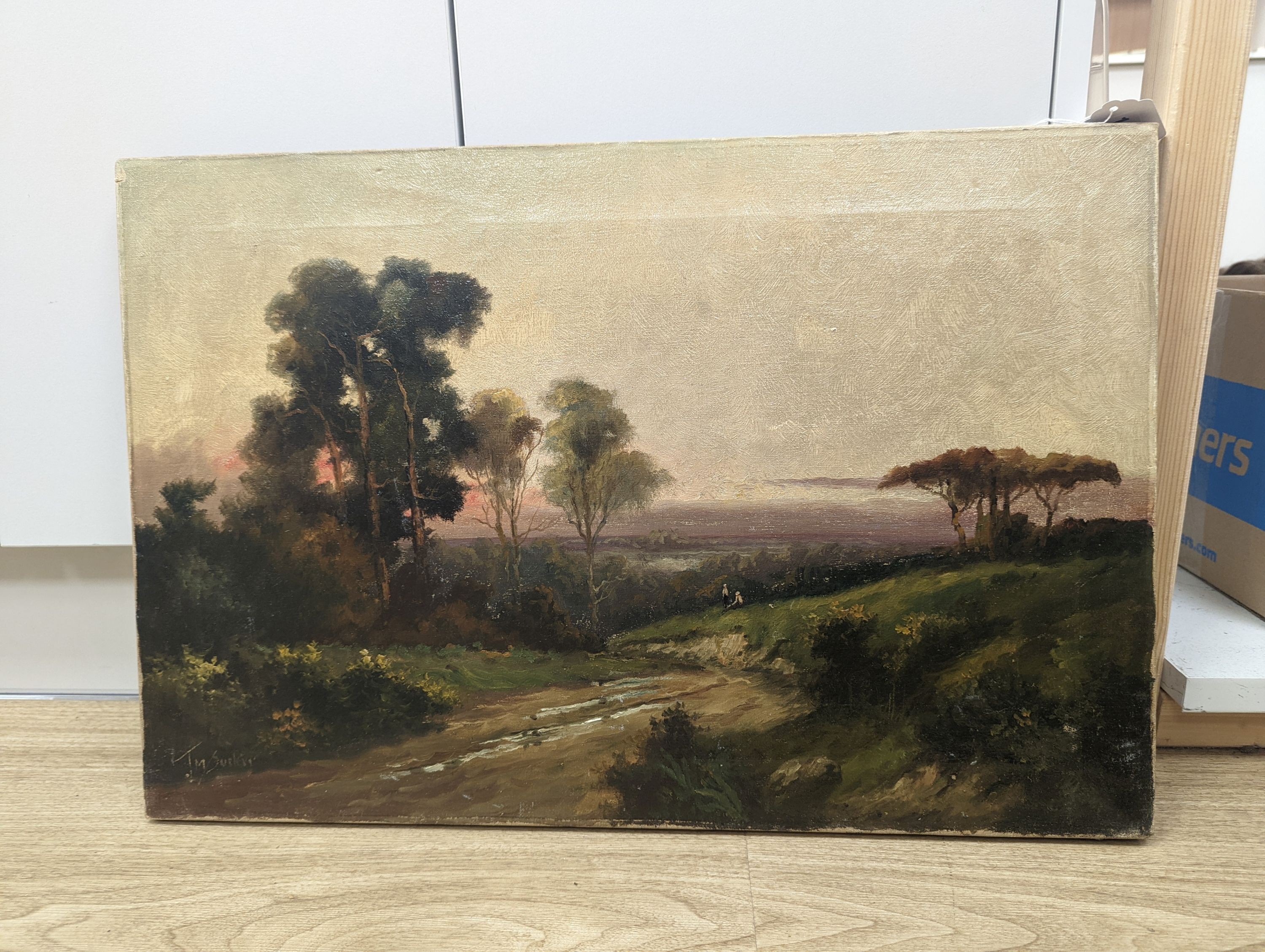Jack M. Ducker (Jamieson), oil on canvas, Travellers on heathland at sunset, signed, 41 x 61cm, unframed